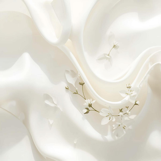 Imagen sensorial en tonos blancos con ondas suaves y pequeñas flores blancas, evocando la textura cremosa y la suavidad de la leche limpiadora Urban Natur.
