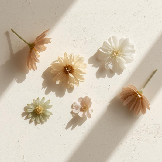 Flores de tonos suaves dispuestas de forma independiente sobre fondo claro, evocando la combinación consciente de activos cosméticos y el cuidado de la piel con criterio.