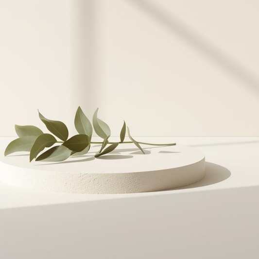 Composición minimalista con hojas verdes sobre fondo neutro que evoca la cosmética limpia y el cuidado consciente de la piel madura de Urban Natur