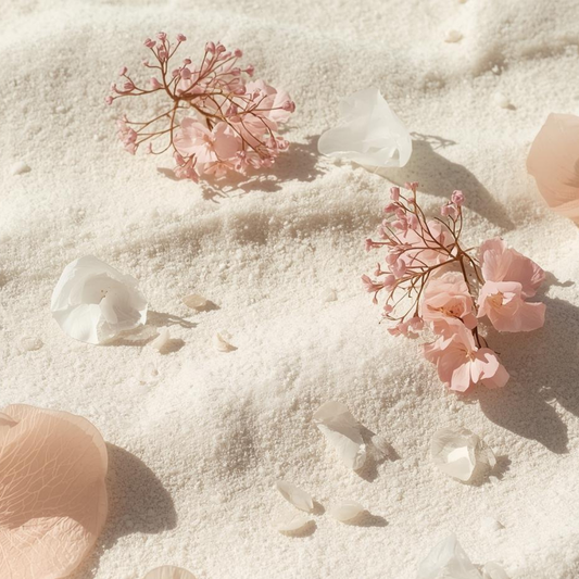 Composición minimalista en tonos arena y salmón con pétalos y flores delicadas sobre fondo claro, evocando la piel sensible y la recuperación cutánea tras el verano.