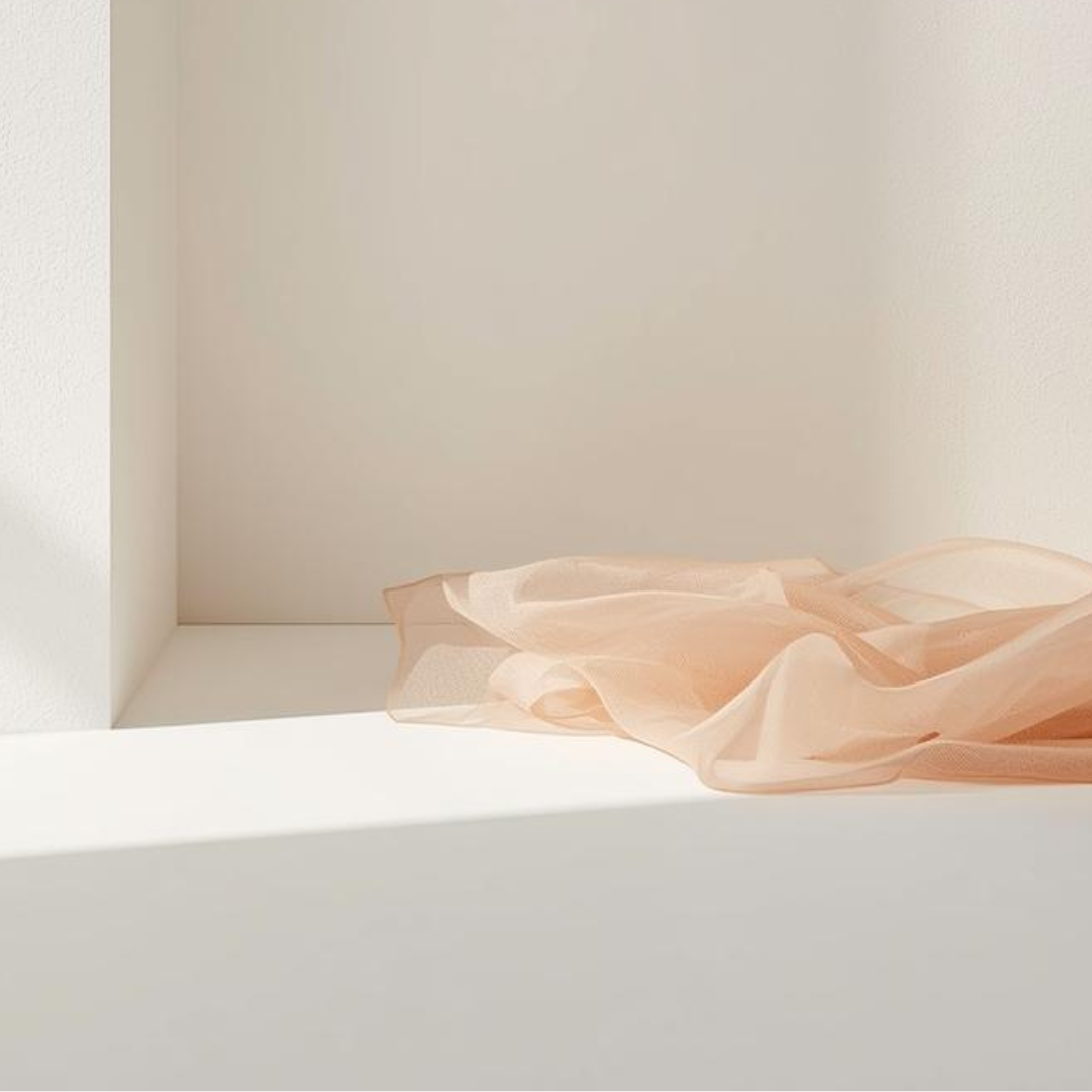 Imagen minimalista en tonos blanco mate y salmón suave que evoca la piel sensible, el cuidado delicado y la cosmética natural de lujo silencioso