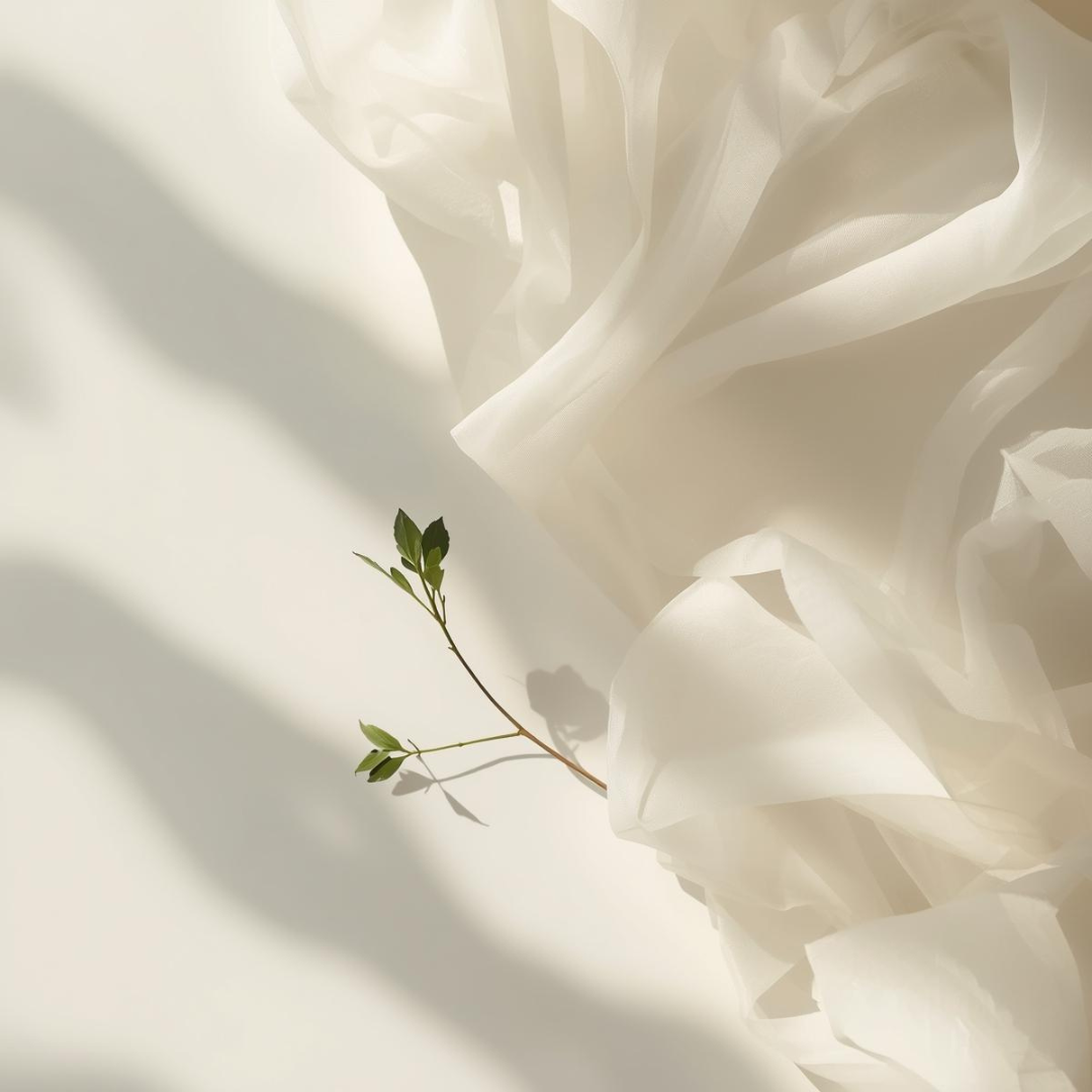 Imagen editorial minimalista que evoca la piel sensible e irritada en primavera, con luz suave, elementos botánicos delicados y una estética de lujo silencioso y calma.