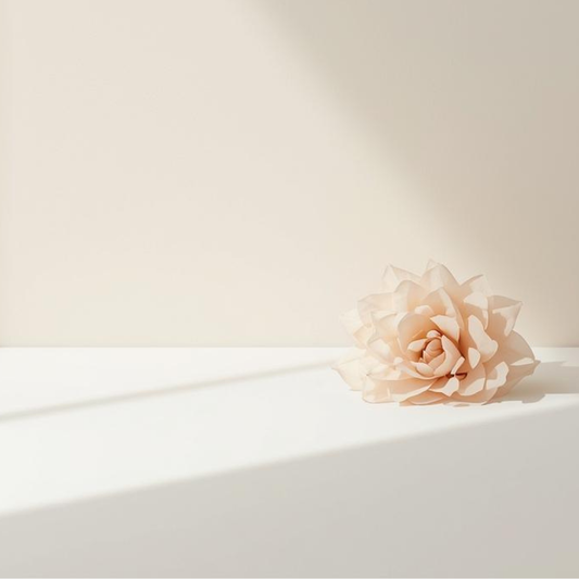 Flor en tonos suaves sobre fondo neutro que representa el equilibrio y el cuidado respetuoso de la piel sensible de Urban Natur