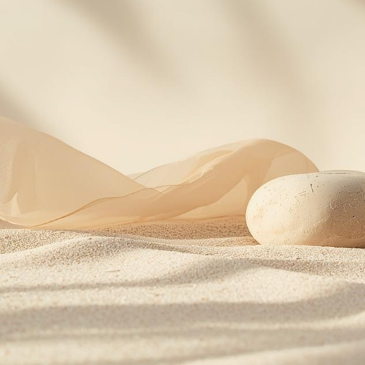 Imagen editorial minimalista que evoca el cuidado de la piel sensible en verano, con luz suave, tonos arena y una estética de cosmética natural y lujo silencioso.