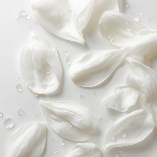 Pétalos blancos con gotas de agua sobre fondo suave, fotografía minimalista para transmitir cuidado y pureza de la piel