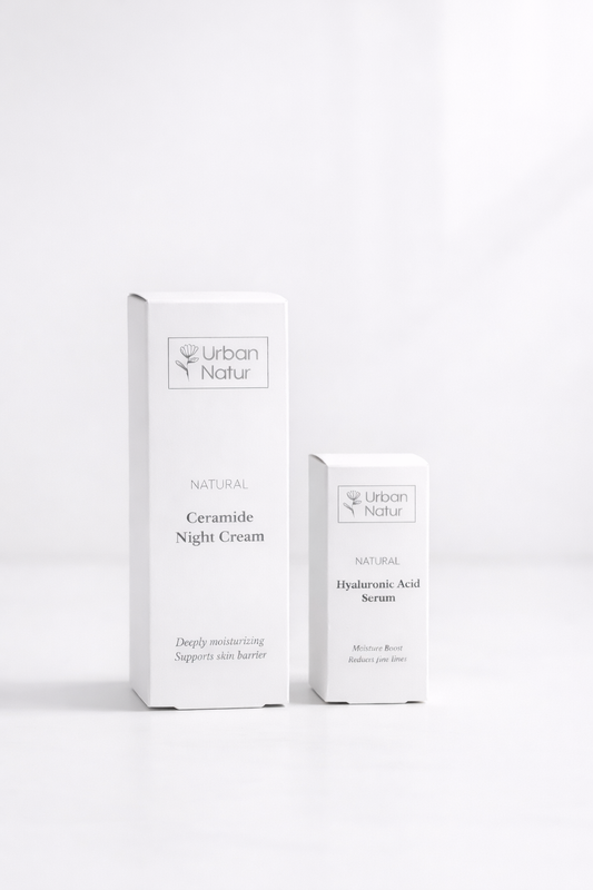 Crema con Ceramidas y Serum con ácido hialurónico Urban Natur en fondo blanco minimalista 