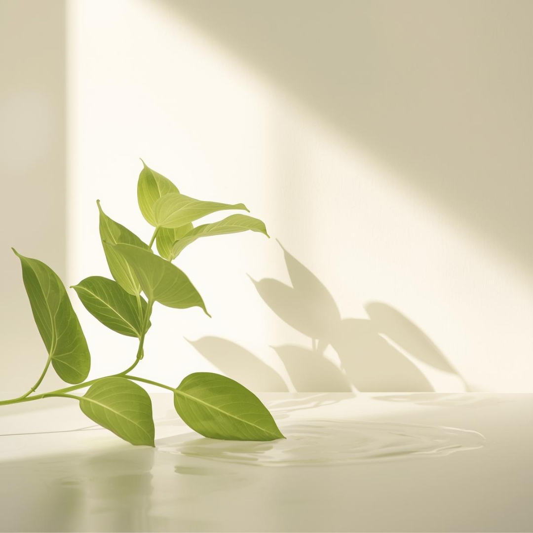 Imagen evocadora de hojas verdes sobre fondo claro con reflejo en agua, que transmite frescura e hidratación para la crema hidratante de día Urban Natur.