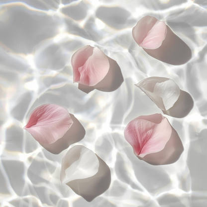 Pétalos de rosa blancos y rosados flotando sobre agua luminosa, con reflejos suaves que evocan frescor e hidratación en la categoría de tónicos Urban Natur
