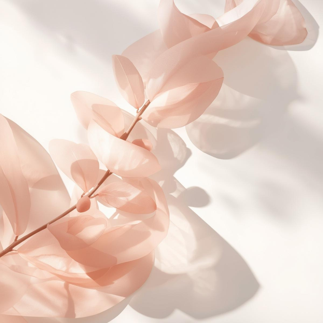 Imagen conceptual del sérum de bakuchiol de Urban Natur con tonos rosados suaves y formas botánicas abstractas que evocan renovación y calma