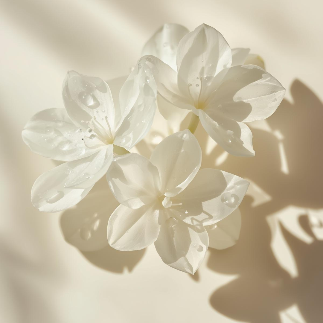 Imagen evocadora del Contorno de Ojos Iluminador de Urban Natur que transmite luminosidad y frescura a través de flores blancas con microgotas y luz suave.