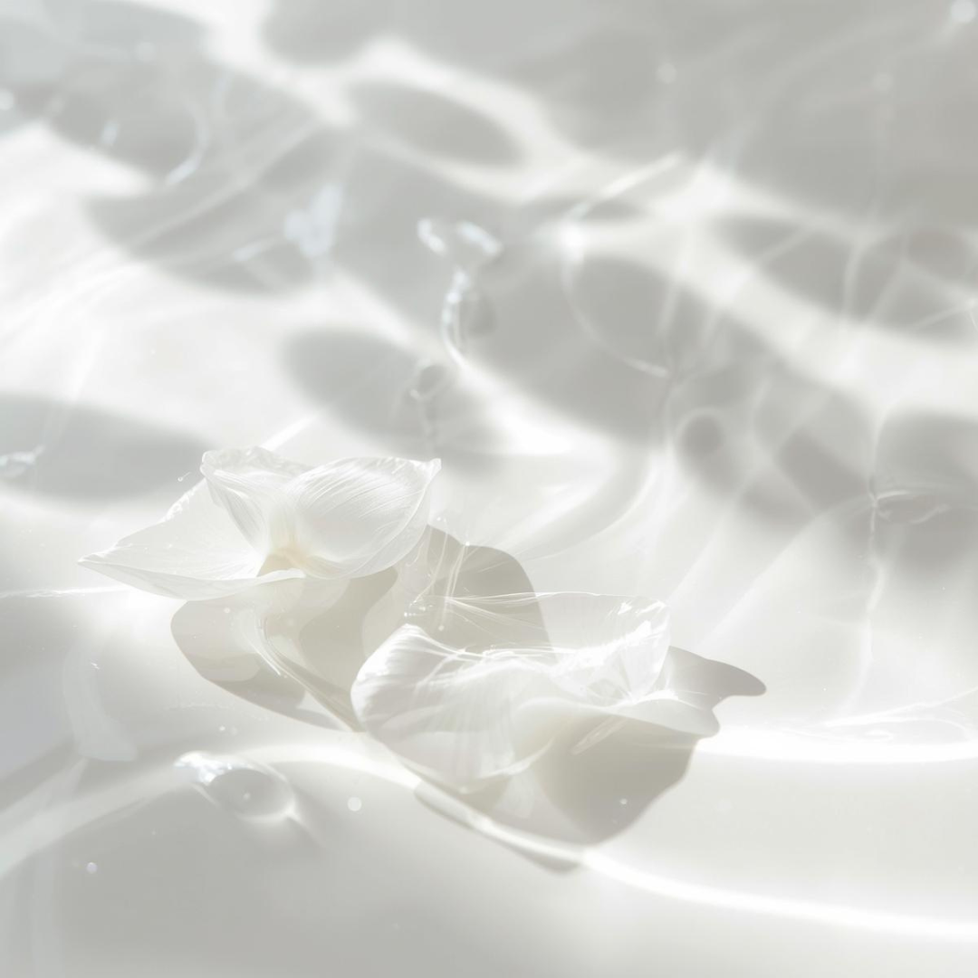 Pétalos blancos iluminados por luz natural sobre agua, imagen evocadora de la crema ligera de Urban Natur