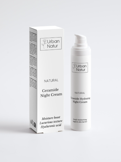 Crema de noche con ceramidas Urban Natur con envase y caja, cuidado nocturno nutritivo para piel seca o sensibilizada