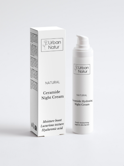 Crema de noche con ceramidas Urban Natur con envase y caja, cuidado nocturno nutritivo para piel seca o sensibilizada