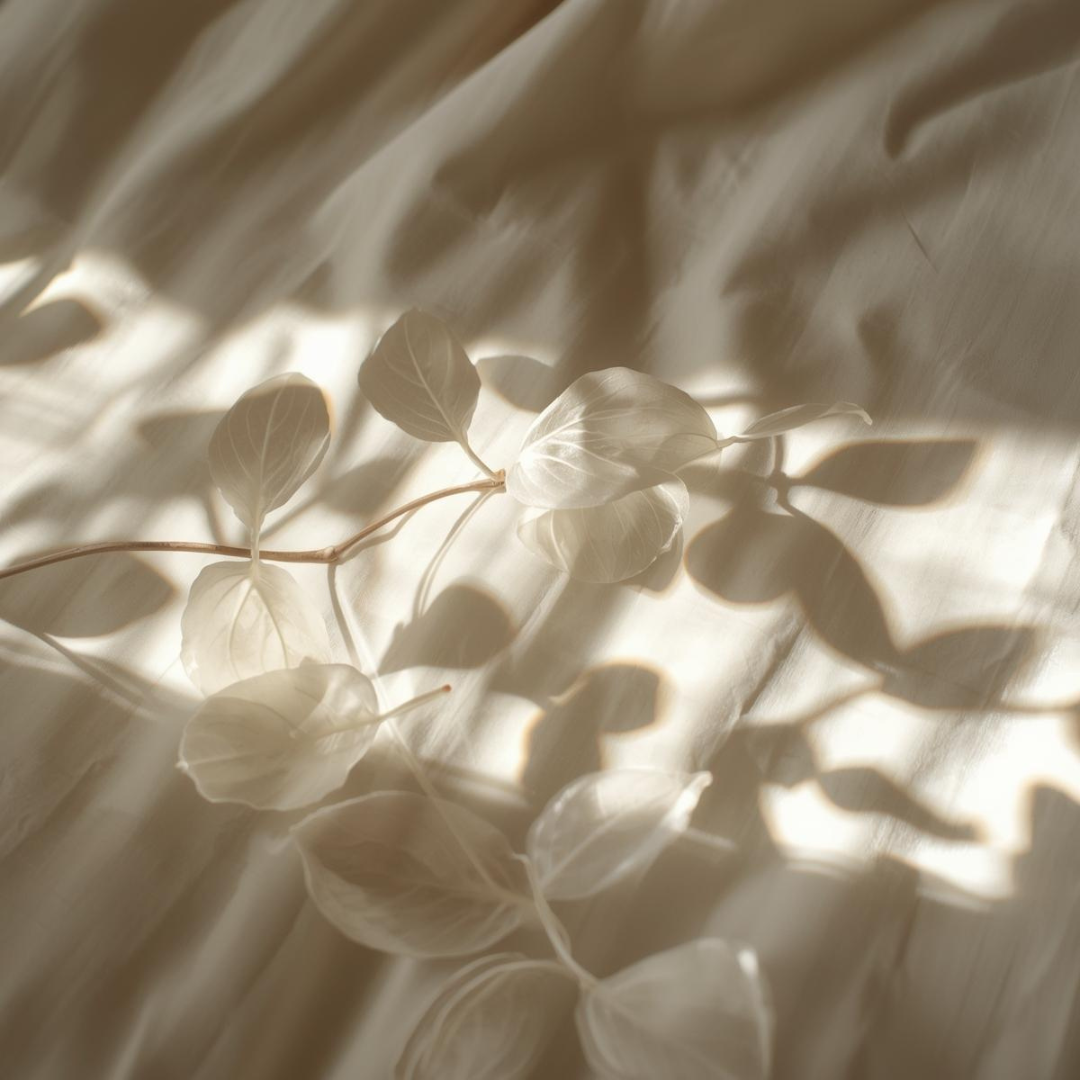 Rama de hojas translúcidas sobre tela suave iluminada por luz cálida, con sombras poéticas que evocan calma nocturna y el efecto reparador de la Crema de Noche Reafirmante de Urban Natur.