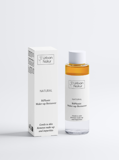 Desmaquillador bifásico Urban Natur con envase y caja, limpieza facial eficaz y delicada para uso diario.