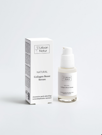 Sérum potenciador de colágeno Urban Natur con envase y caja, cuidado facial para una piel más firme y confortable.