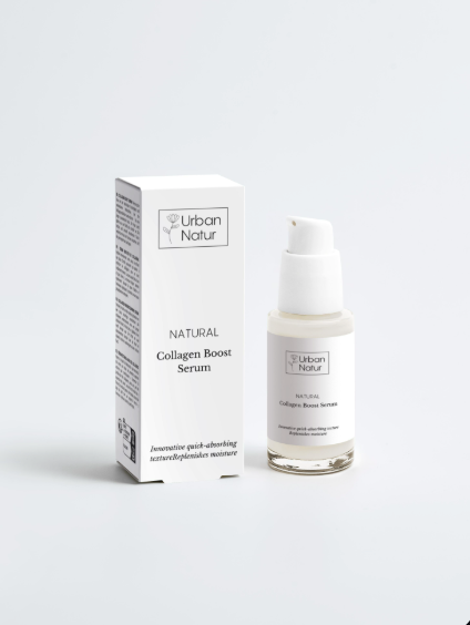 Sérum potenciador de colágeno Urban Natur con envase y caja, cuidado facial para una piel más firme y confortable.