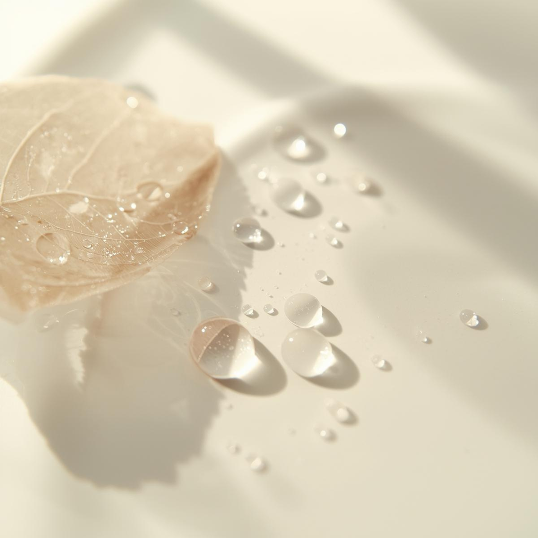 Imagen evocadora de hidratación intensa con gotas de agua y hoja translúcida para el sérum de ácido hialurónico de Urban Natur